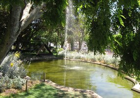 a dole pod ním je zahrada s jezírkem