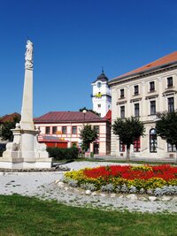 a upravenou návsí s mariánským sloupem