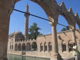 Mešita Ryzvanyie Camil v Sanli Urfa nad bazénem s posvátnými kapry