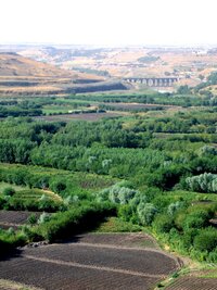 Pohled z hradeb Diyarbakiru do údolí Tigridu s historickým mostem