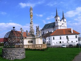 Kostel Nejsvětější Trojice, mariánský sloup, kašna